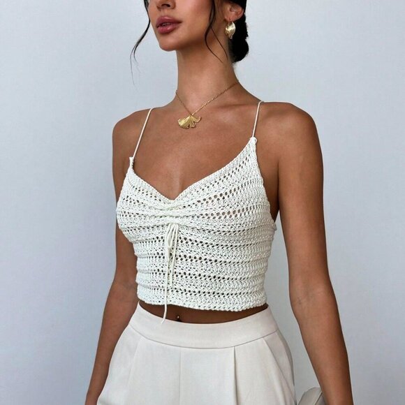 Apricot Casual Women's Ruched Drawstring Beach Vacation Crochet Knit Tank Top - Picture 4 of 7